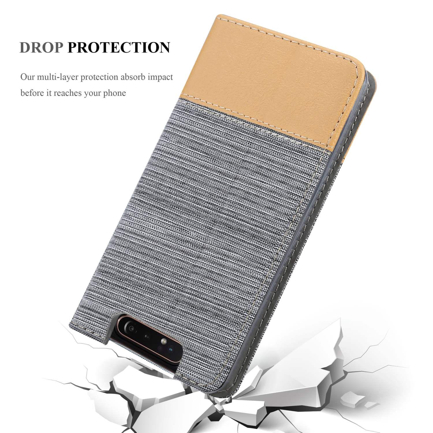 Custodia per telefono con design in tessuto e parte superiore beige, posizionata su una superficie bianca crepata.