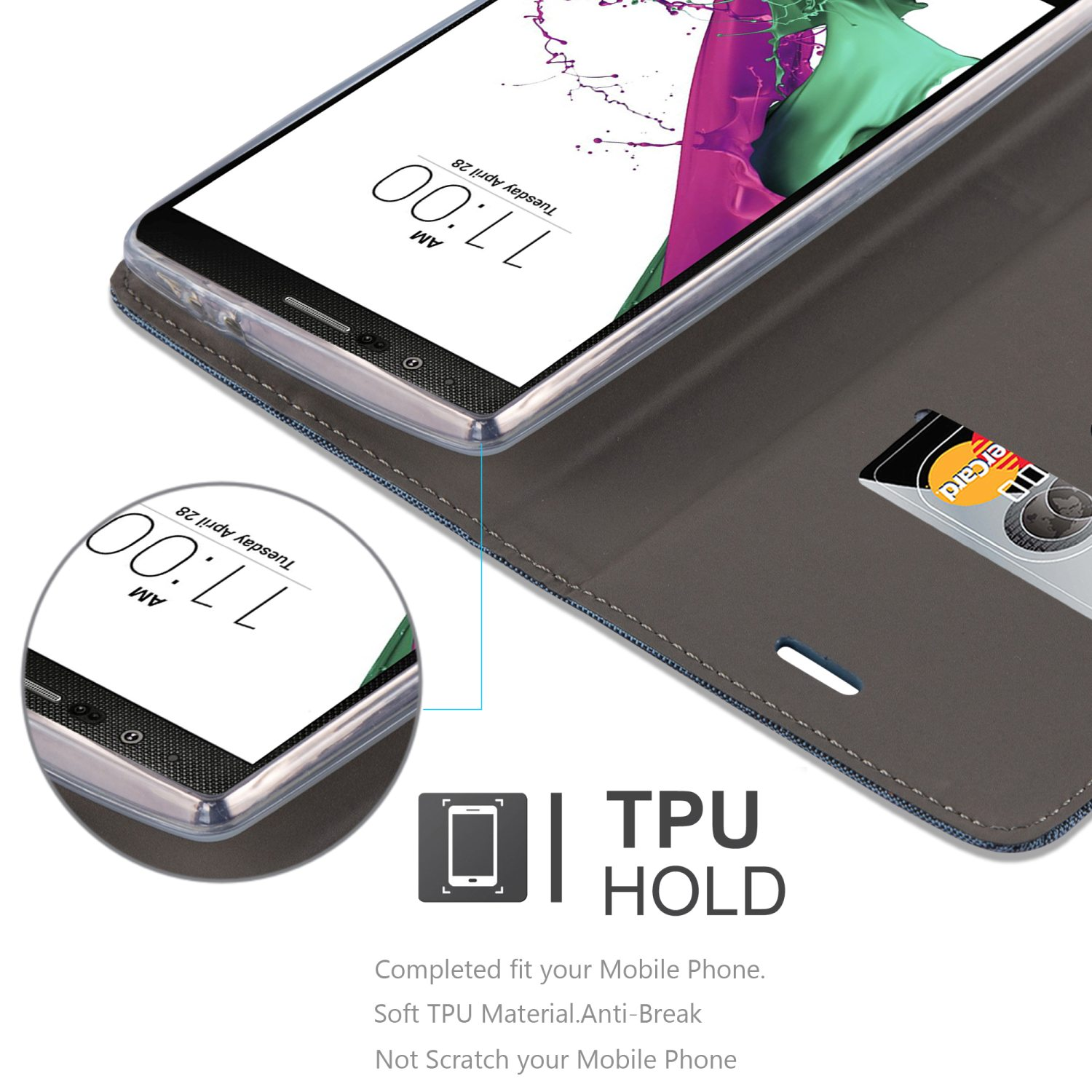 Handy in grauem Case offen, Kreditkarte innen. Text: TPU HOLD.
