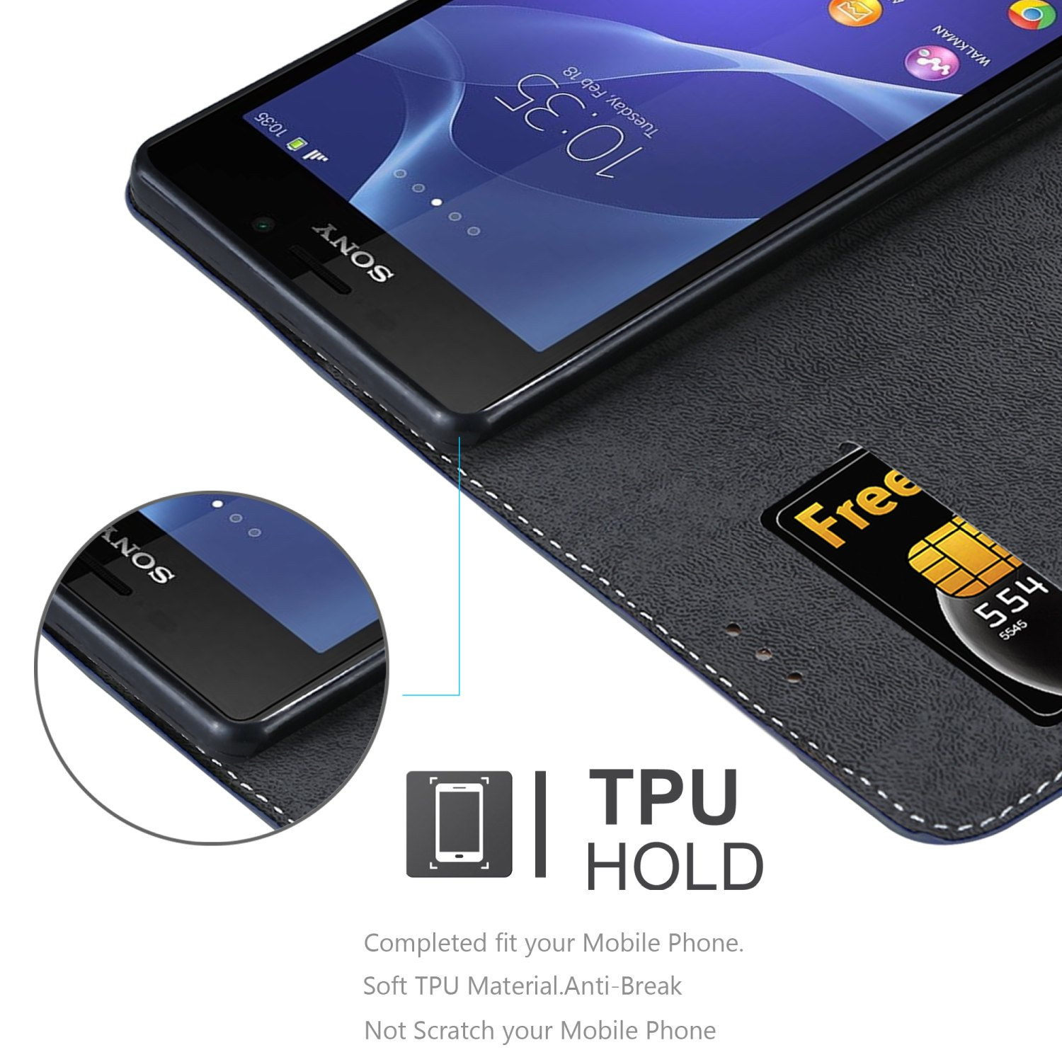 Smartphone mit geöffneter Hülle, zeigt eine SIM-Karte. Text: TPU HOLD. Weiches TPU-Material.