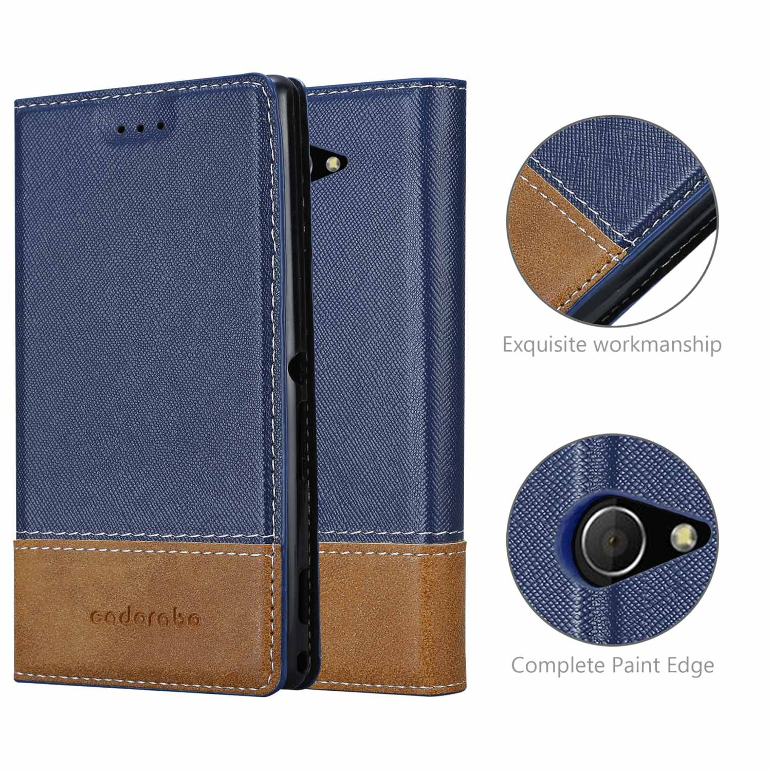 Blau-braune Tablethülle. Details: exquisite Verarbeitung und vollständige Lackkante.