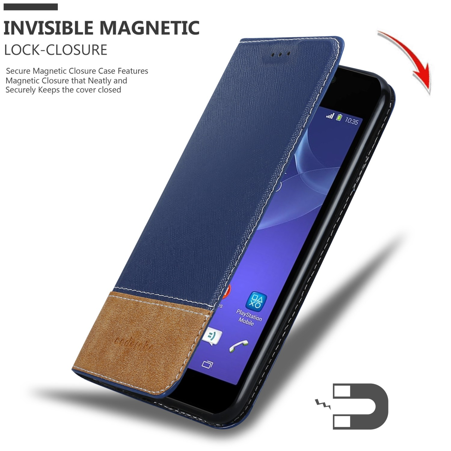 Blaue Handyhülle mit geöffnetem Deckel, zeigt ein Handy.
