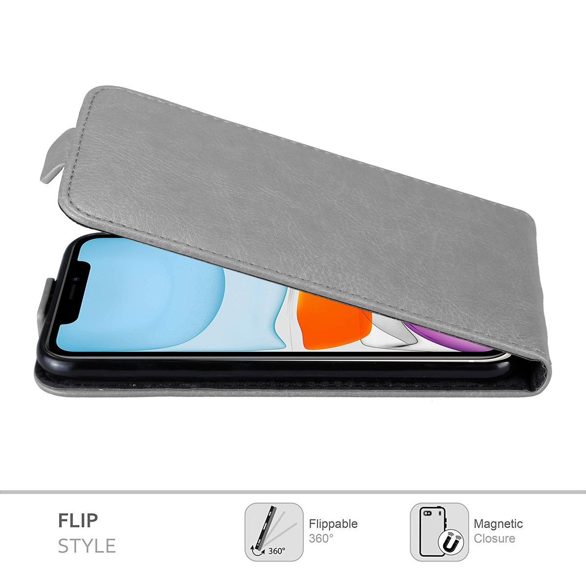 Una custodia per telefono grigia a libro aperta, che rivela il telefono. Testo sotto: 'Flip Style', con icone.