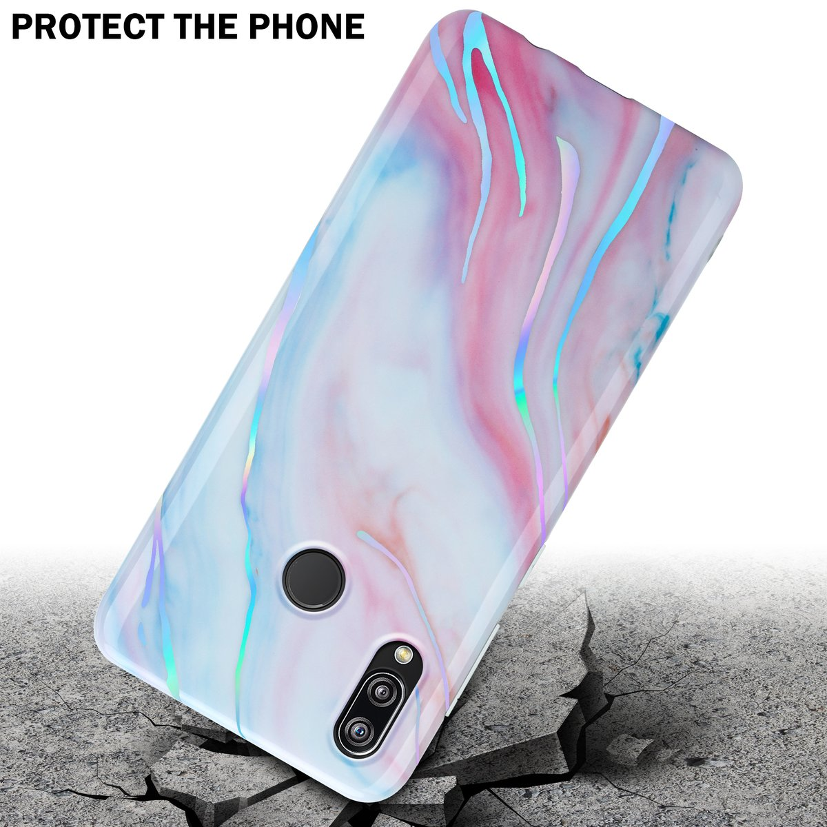Custodia per telefono con un design marmorizzato, su una superficie incrinata.