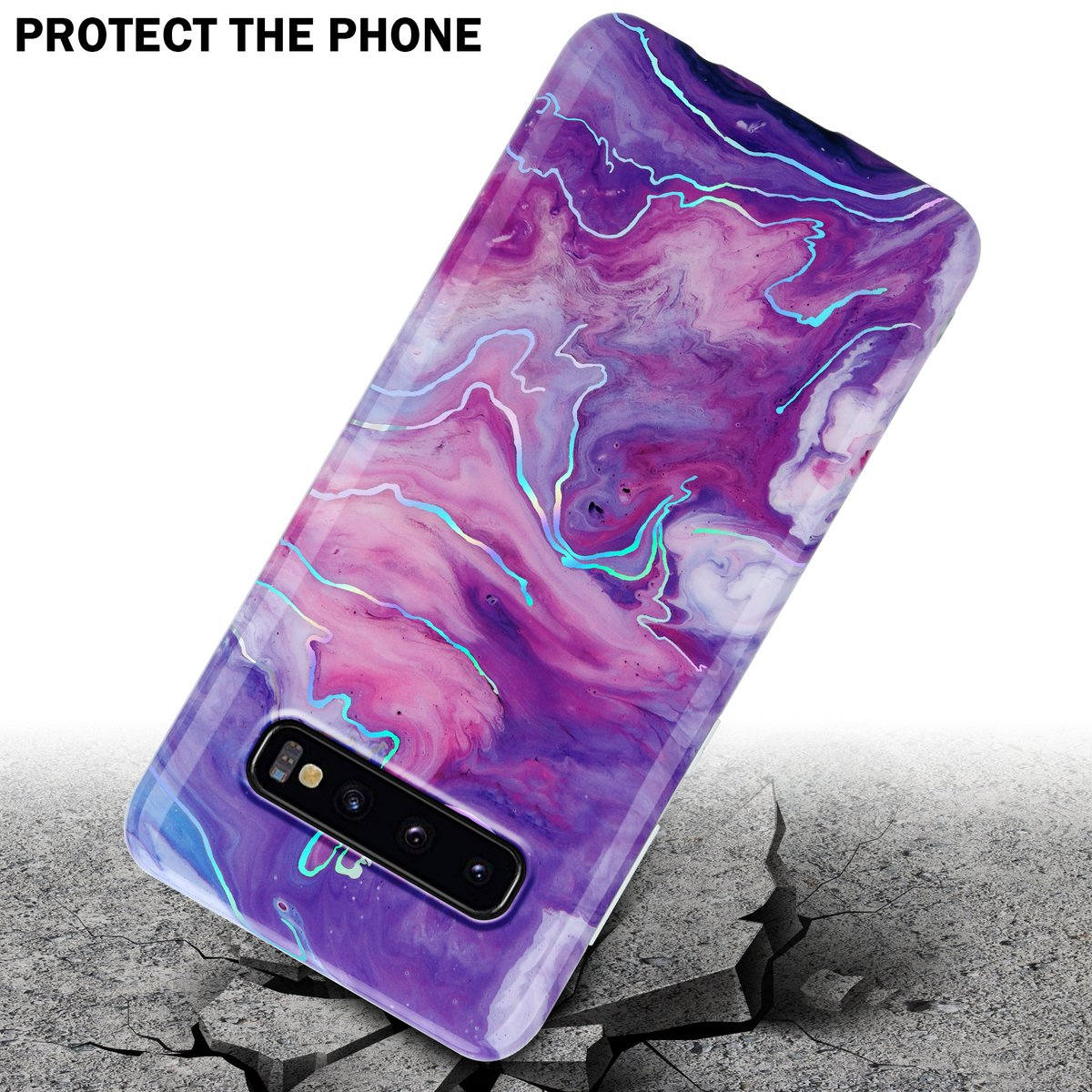 Custodia per telefono con design astratto viola, blu e bianco. Testo: Proteggi il telefono. Il telefono è contro il terreno incrinato.