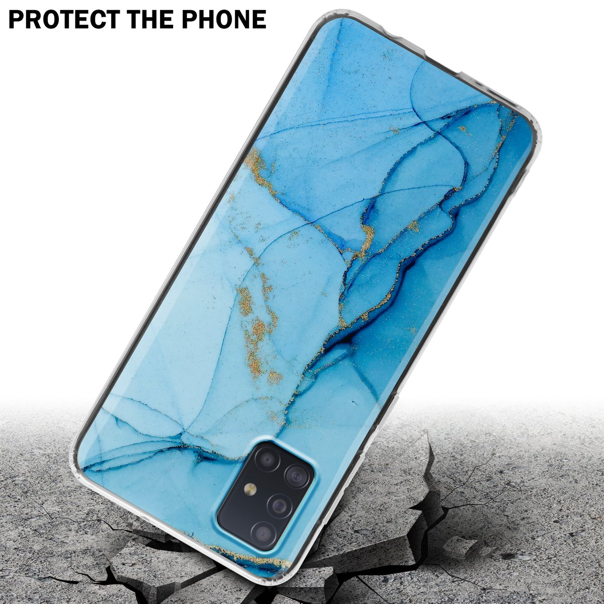 Custodia per telefono con design in marmo blu su superficie crepata, protegge il telefono.