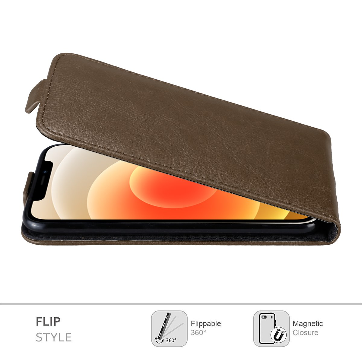 Custodia a libro in pelle marrone con un telefono all'interno, che mostra lo stile flip e la chiusura magnetica.