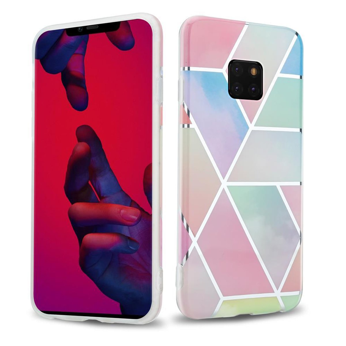 Custodia per telefono, colori pastello con design geometrico bianco. Schermo del telefono a sinistra.