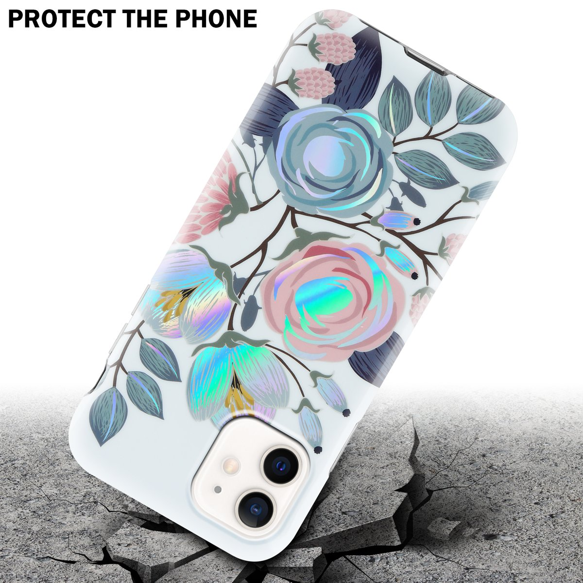 Custodia per telefono con design floreale. Telefono inclinato, crepe mostrano protezione.