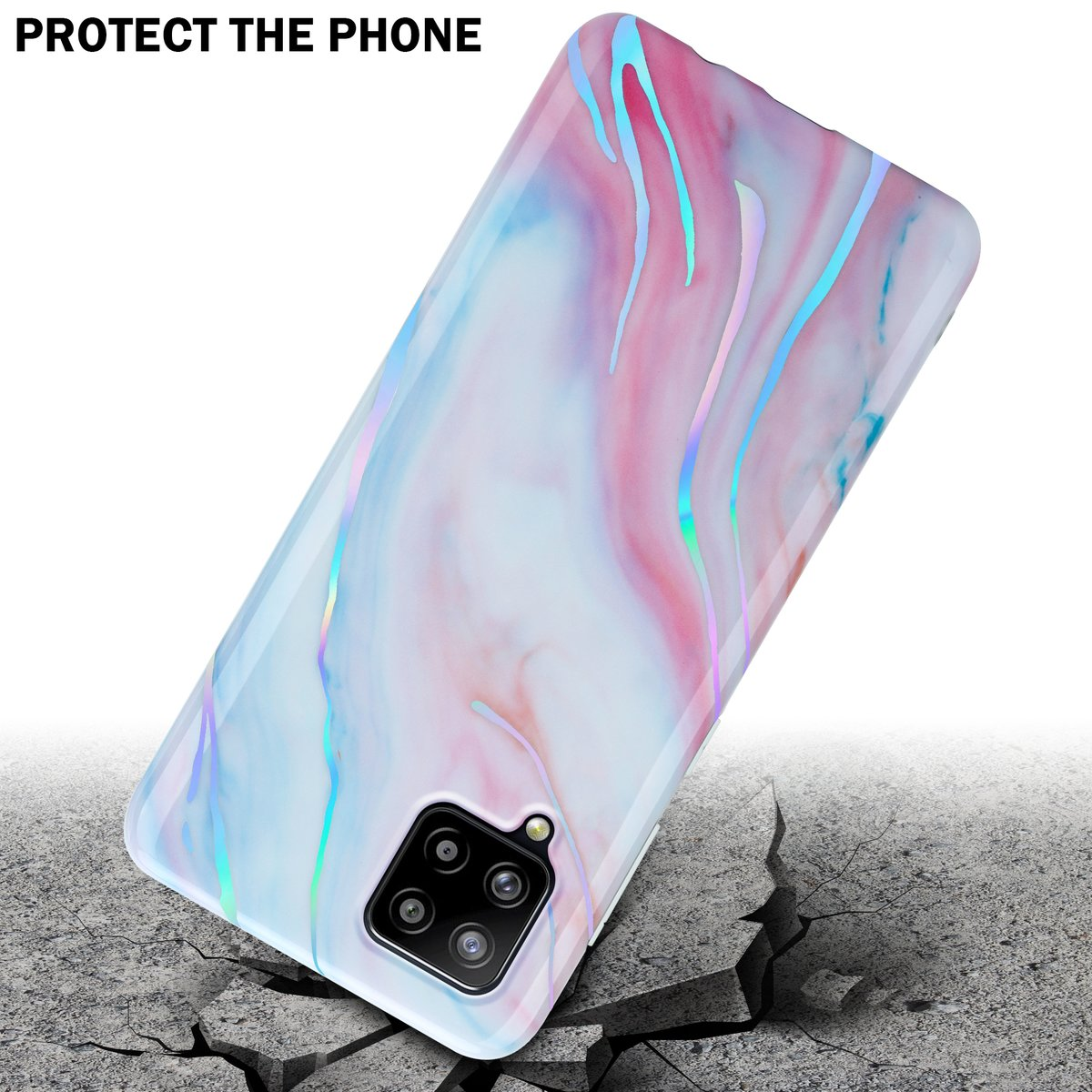 Custodia per telefono con design marmorizzato, su un terreno crepato, con testo 'PROTECT THE PHONE'.