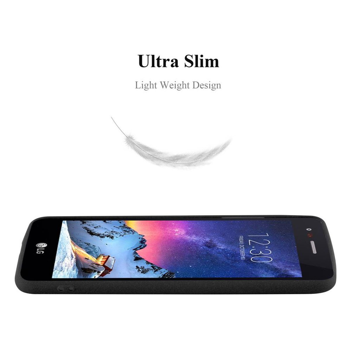Telefono LG nero con display. Una grafica a forma di piuma sopra.