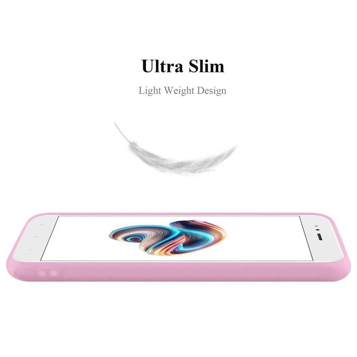 Una custodia per telefono rosa su una superficie bianca con una piuma che fluttua sopra. Il testo recita 'Ultra Slim'.