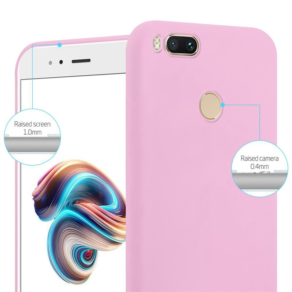 Custodia per telefono rosa con telefono all'interno. La custodia ha bordi rialzati attorno allo schermo e alla fotocamera.