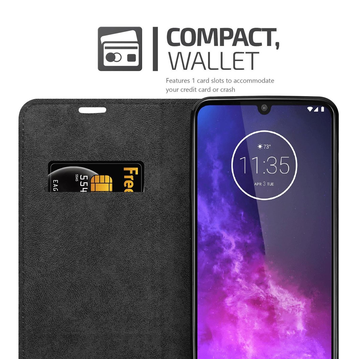 Telefono nero con custodia nera, con fessura per carte. Il telefono è aperto.