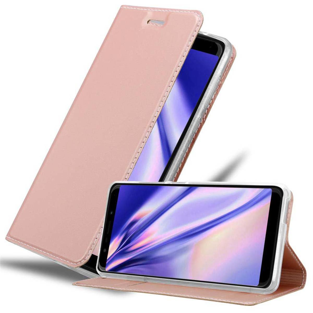 Un teléfono en una funda rosa con la cubierta abierta. La pantalla del teléfono es visible.