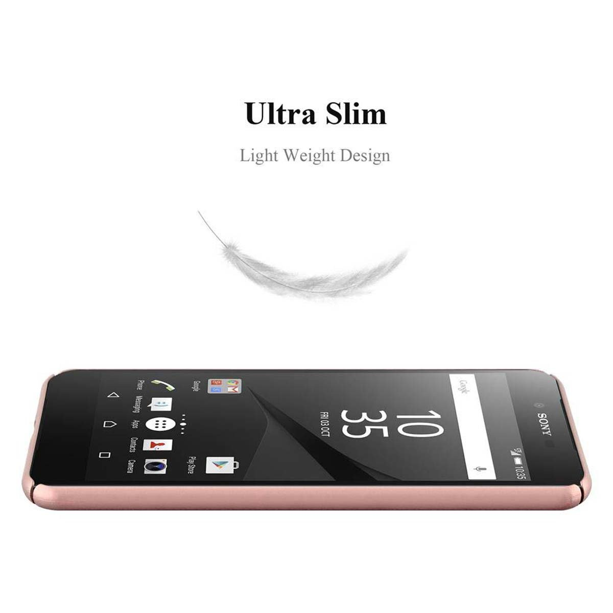 Un telefono rosa sottile, con una piuma sopra, il testo dice Ultra Slim, Light Weight Design.