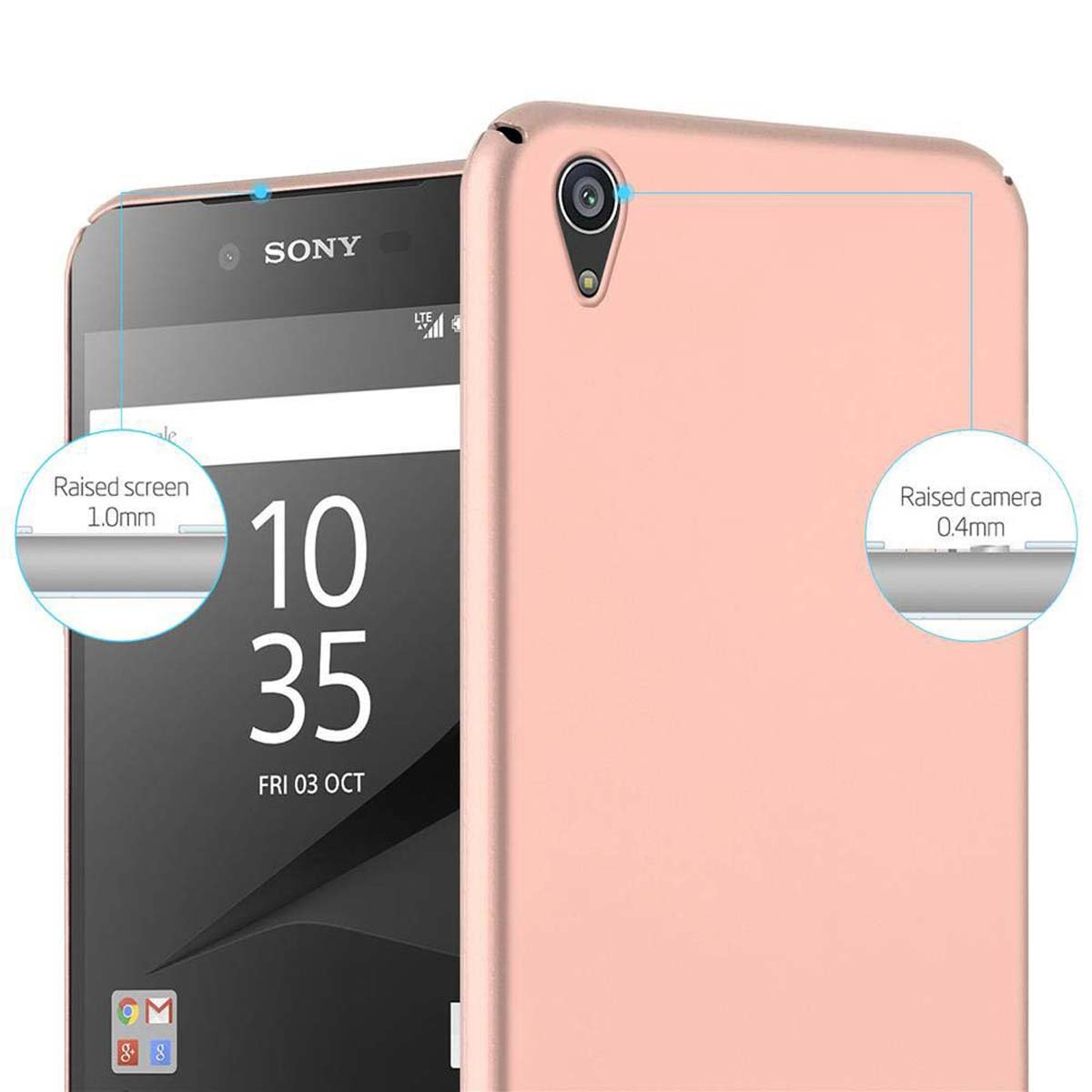 Custodia rosa per telefono con telefono, dettagli schermo e fotocamera rialzati.