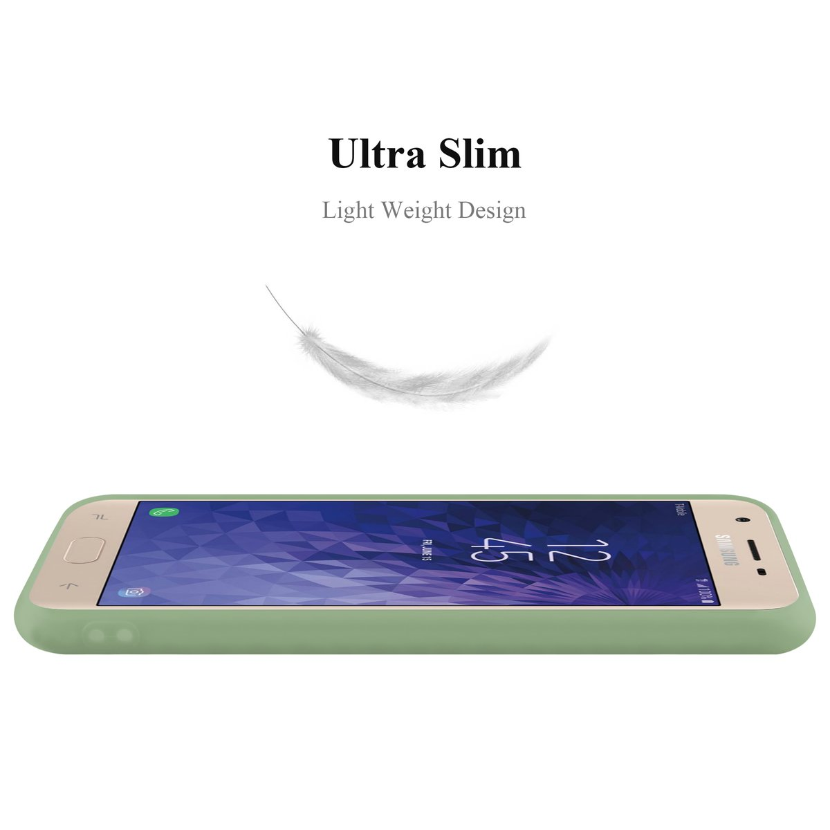 Custodia verde per telefono. Testo: Ultra Slim, Design Leggero. Piuma bianca. Telefono verde visibile.