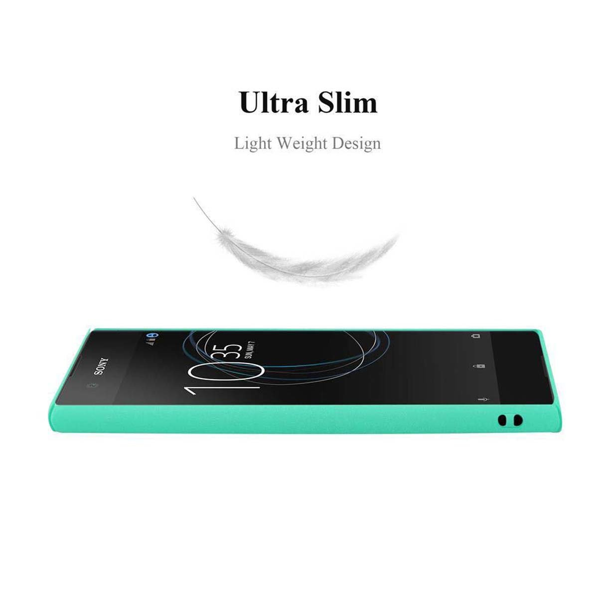 Telefono verde menta con custodia, su superficie bianca con piuma.