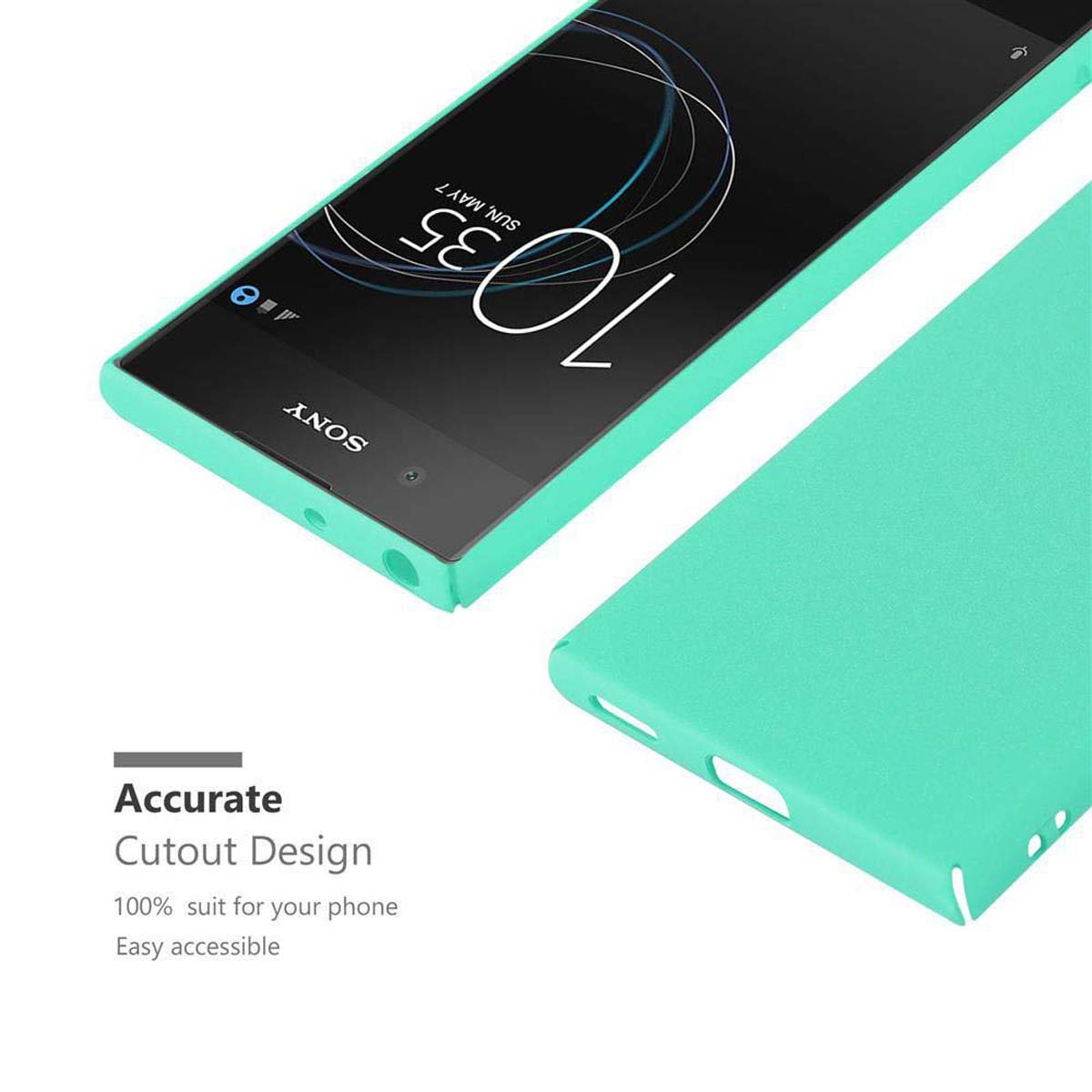 Telefono Sony con custodia verde, schermo che mostra ora e data, con testo sul design.