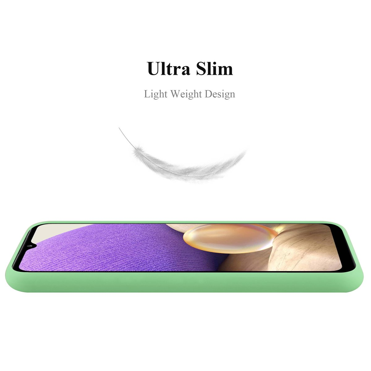 Una custodia per telefono verde menta è mostrata di lato, con una piuma fluttuante sopra. Il testo dice 'Ultra Slim'.