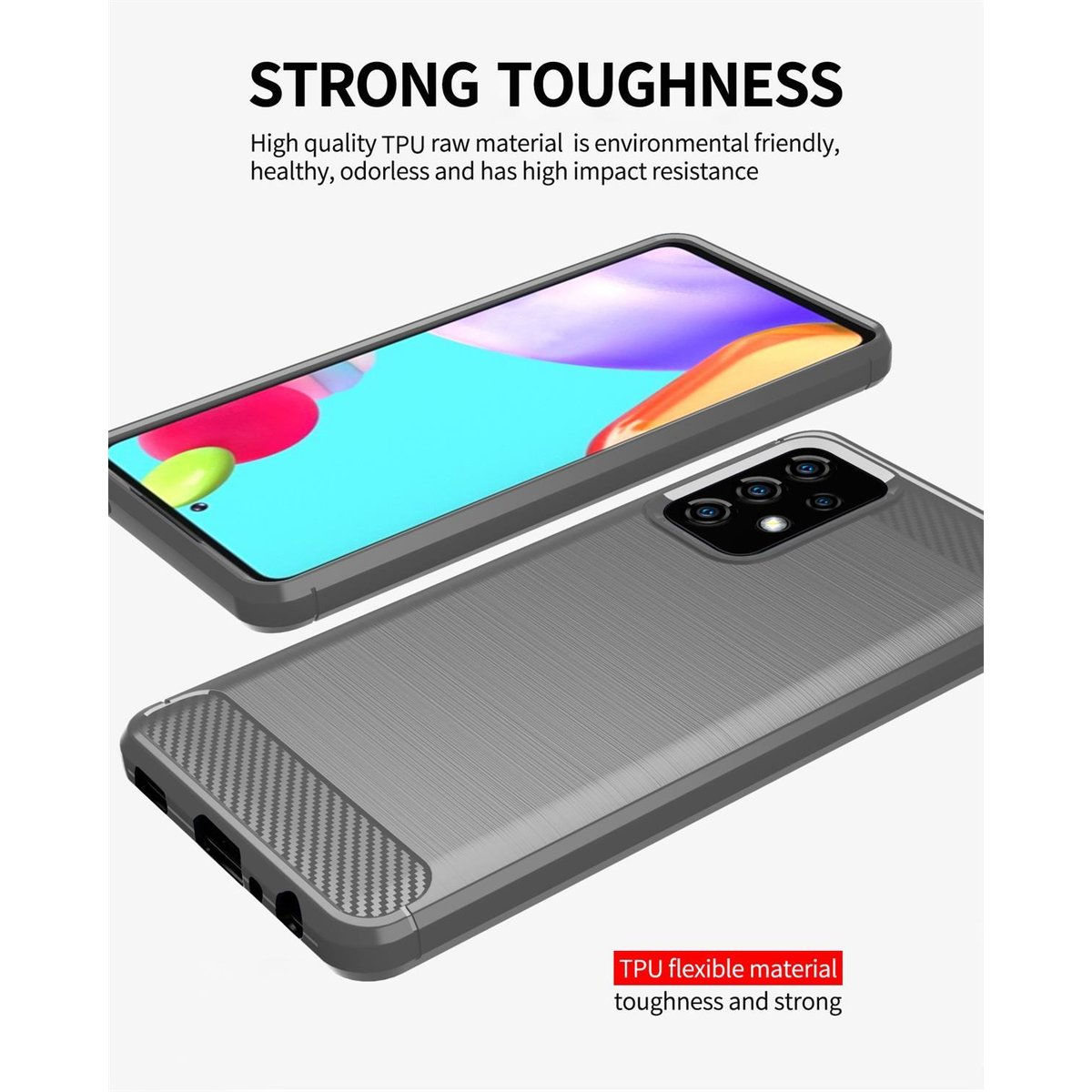 Due custodie per telefono, una grigia e una nera, con il testo 'Strong Toughness'.