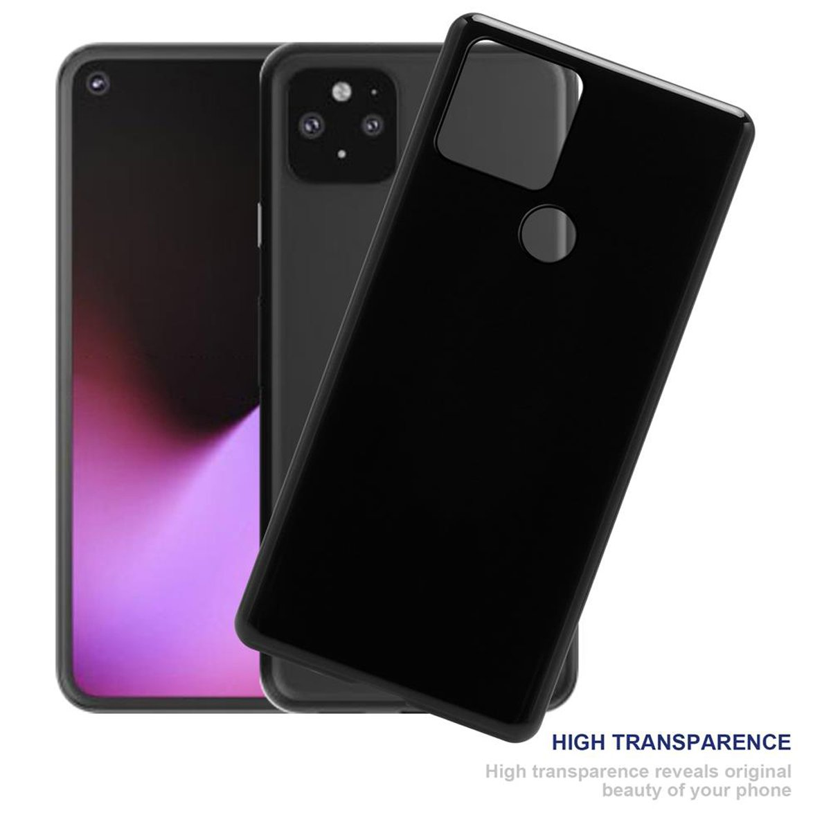 Telefono nero con tre fotocamere e custodia nera, che mostra un'elevata trasparenza.