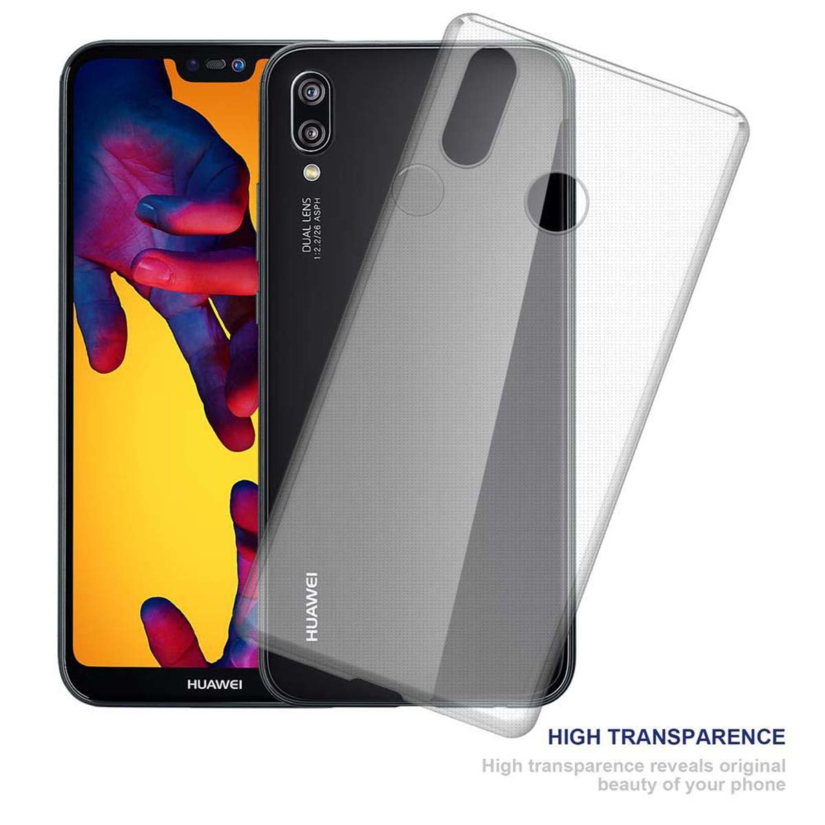 Un telefono con una custodia trasparente. Il telefono è nero, con una fotocamera a tripla lente. Alta trasparenza.