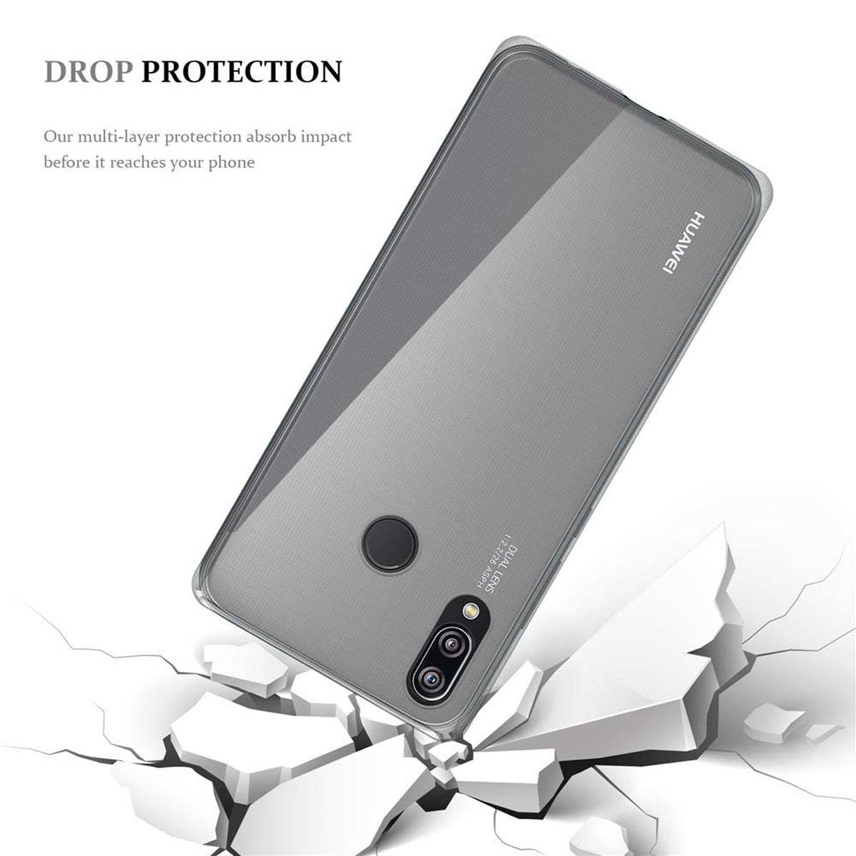 Custodia trasparente per telefono, che mostra il retro di un telefono Huawei. Testo: PROTEZIONE CADUTA.