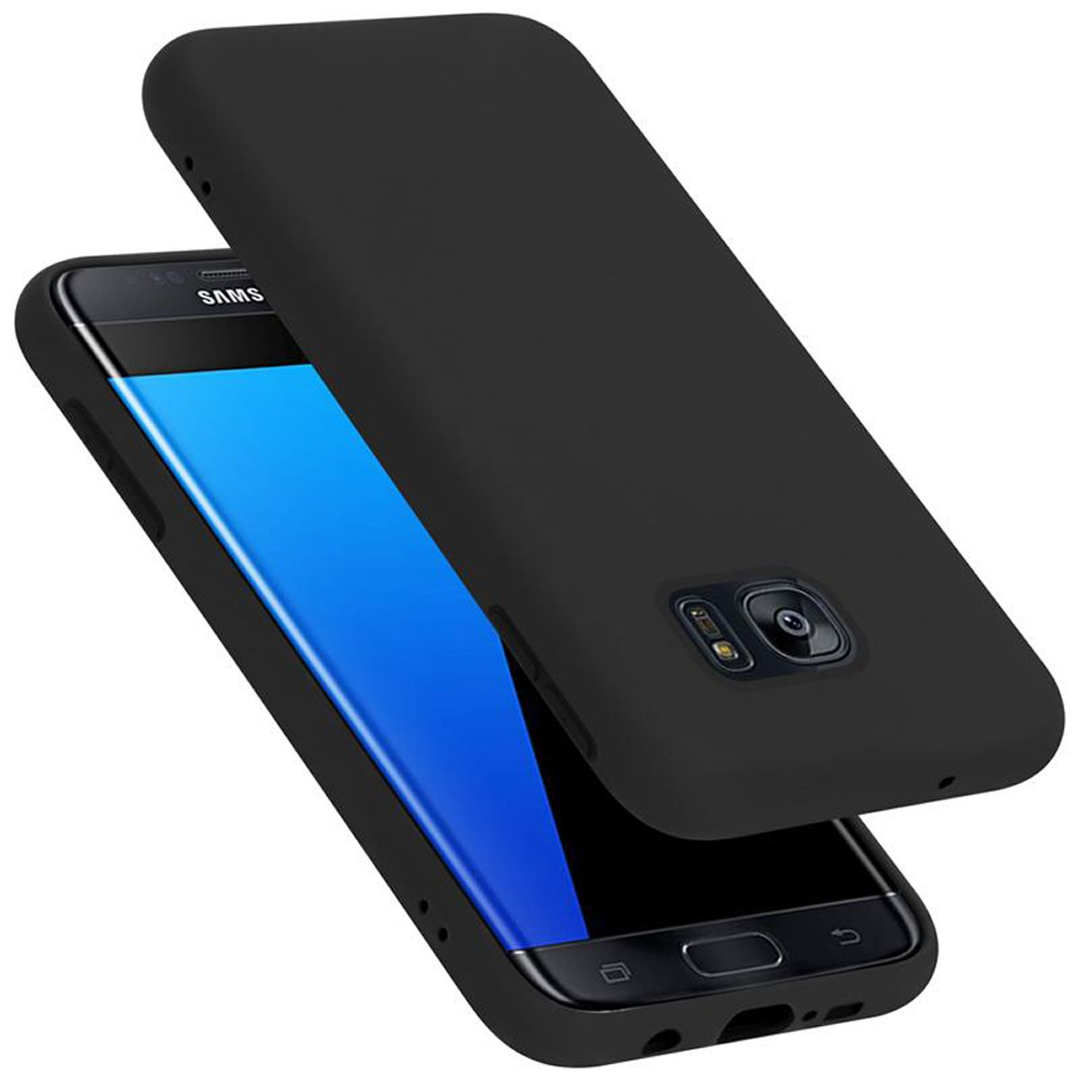 Un teléfono negro con funda negra, pantalla, y cámara arriba.