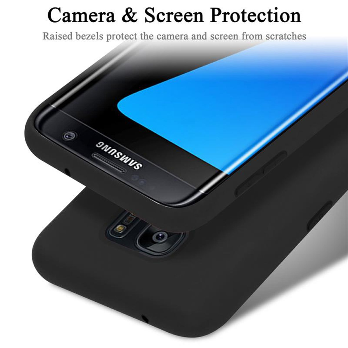 Funda negra para teléfono con protección de pantalla. El teléfono es negro con pantalla azul.