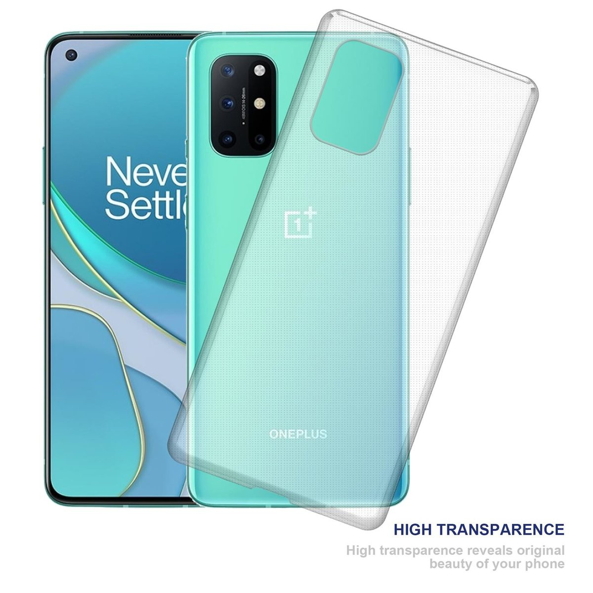 Telefon mit Hülle. Text über hohe Transparenz. Weißer Hintergrund.
