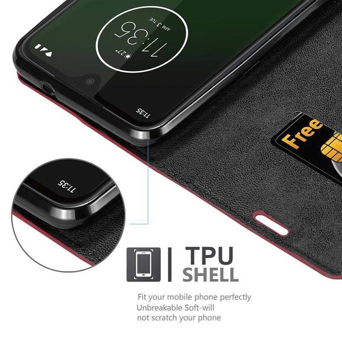 Telefono in una custodia a libro con slot per carte di credito. Lo schermo mostra le 11:35. Guscio in TPU.
