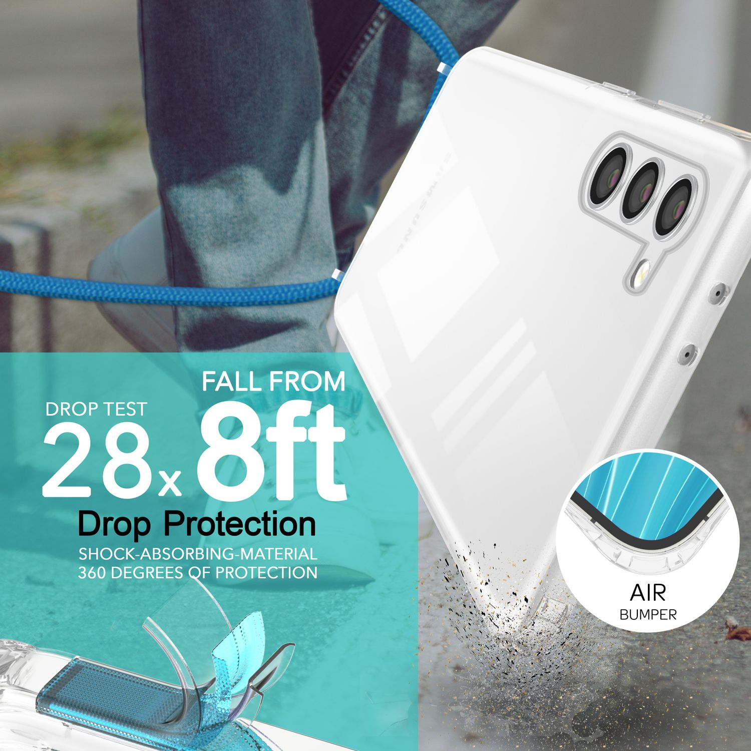 Telefon in klarer Hülle, fällt. Text: Falltest 28,8 ft, Fallschutz, stoßabsorbierendes Material, Air Bumper.