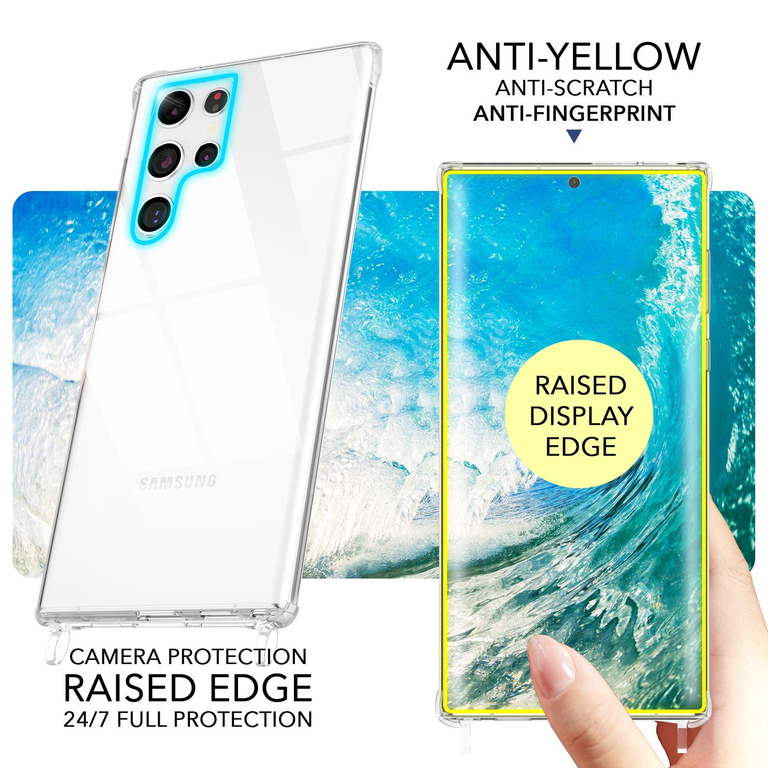 Eine transparente Handyhülle auf einem Telefon, die erhöhte Kanten und Kameraschutz zeigt.