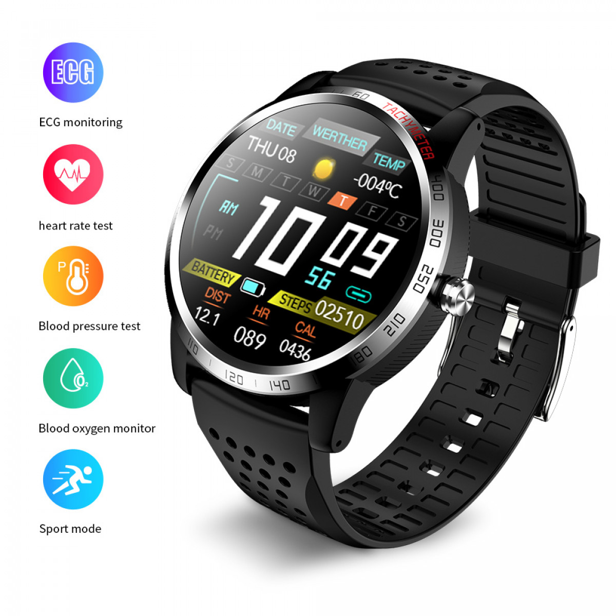 Watch Sportuhr Smart INF Silikonarmband, schwarz und mit Herzfrequenzmesser Blutdruck-