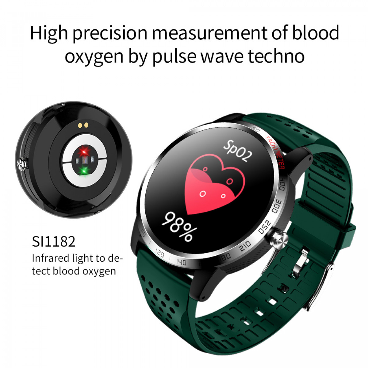 Een smartwatch toont SpO2 en hartslag. Zijaanzicht met infraroodlicht voor zuurstofmeting in het bloed.