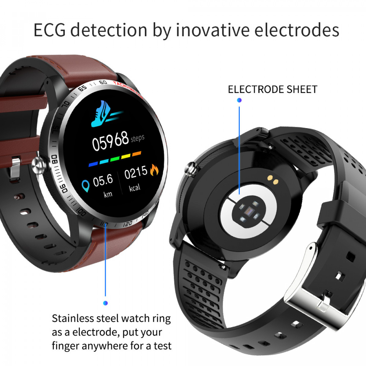 Smartwatch met leren band, toont stappen, hartslag en andere gegevens.
