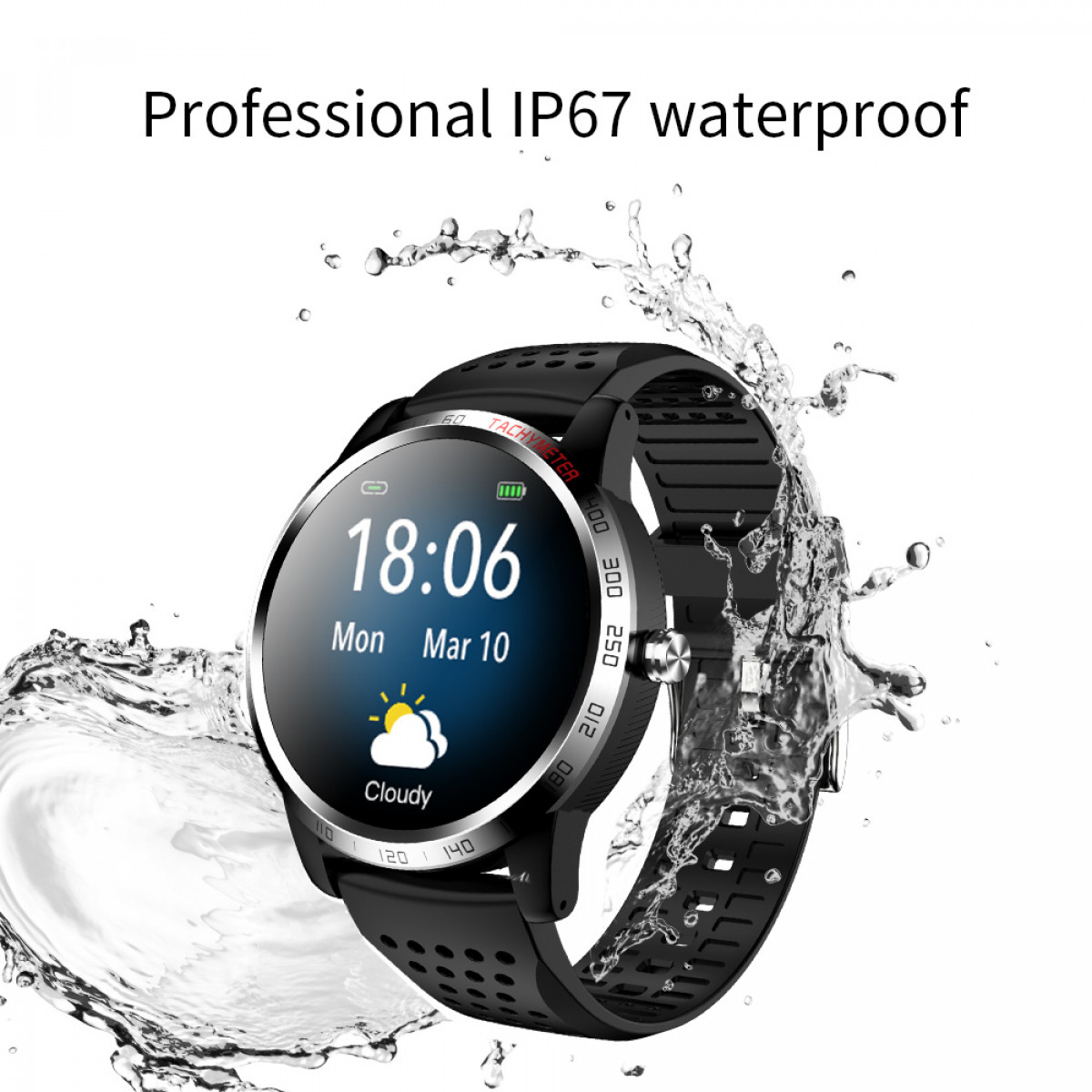 Zwarte smartwatch in water met witte achtergrond. De wijzerplaat toont tijd en weer.