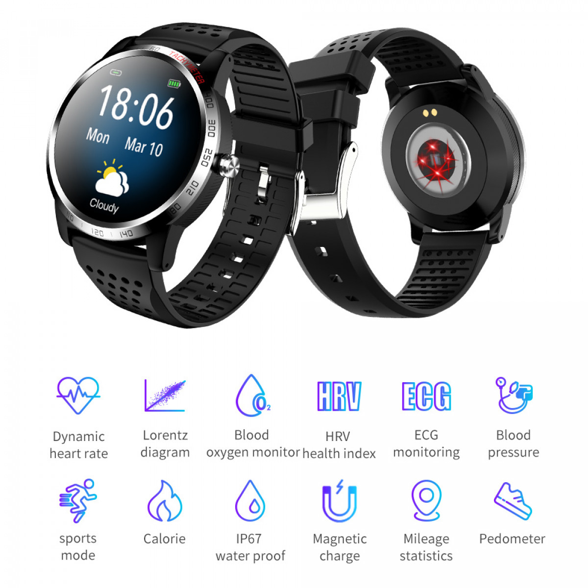 Watch Sportuhr Smart INF Silikonarmband, schwarz und mit Herzfrequenzmesser Blutdruck-