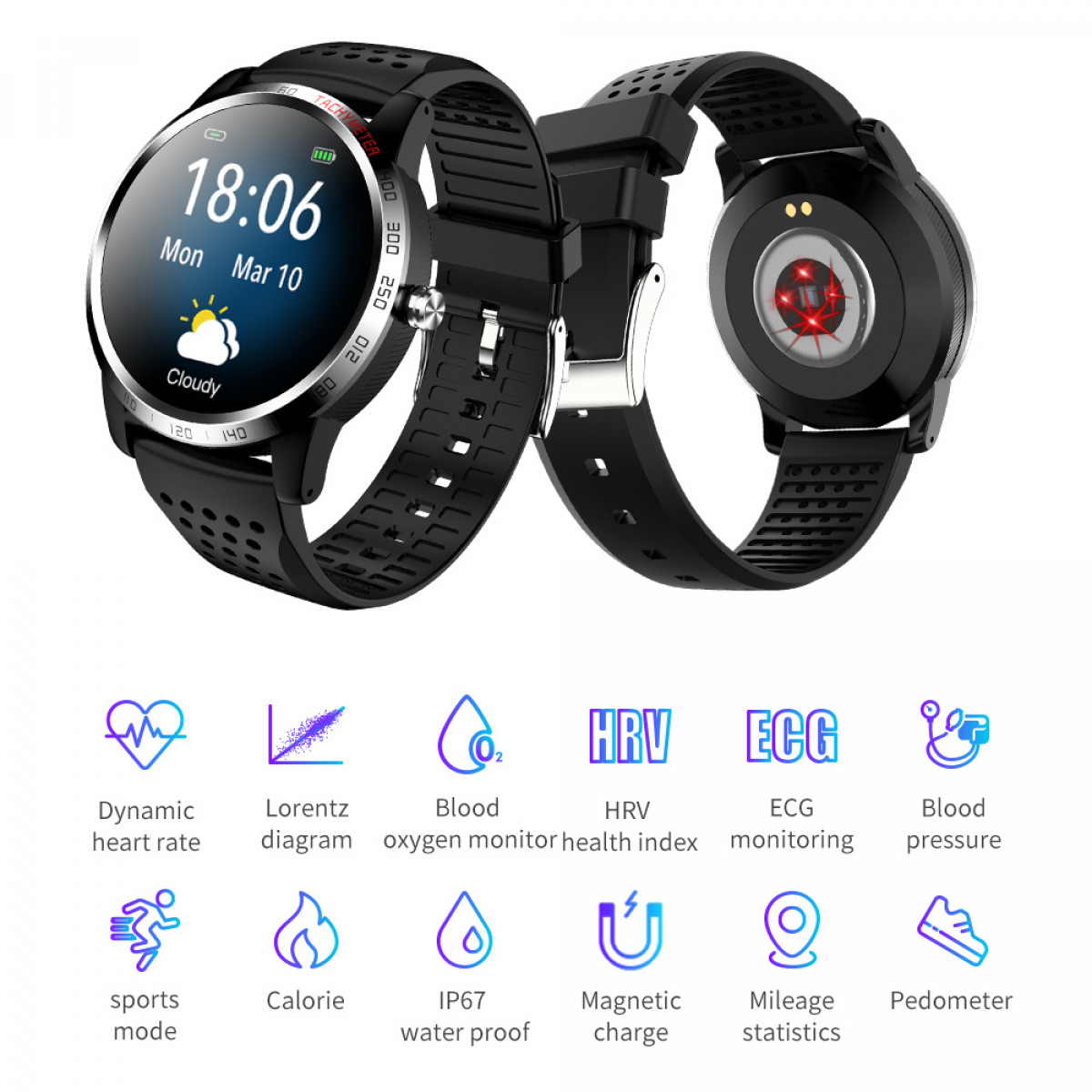 Zwarte smartwatch met tijd en bewolkt weer. Iconen voor gezondheidstracking staan eronder.