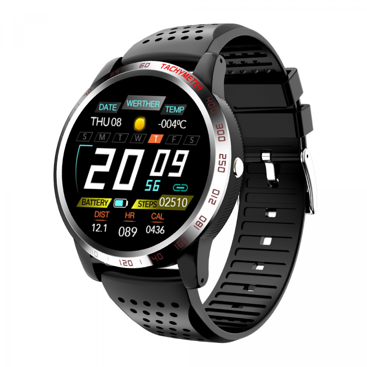 Een zwarte smartwatch met een rond display en zwarte band. Witte achtergrond.