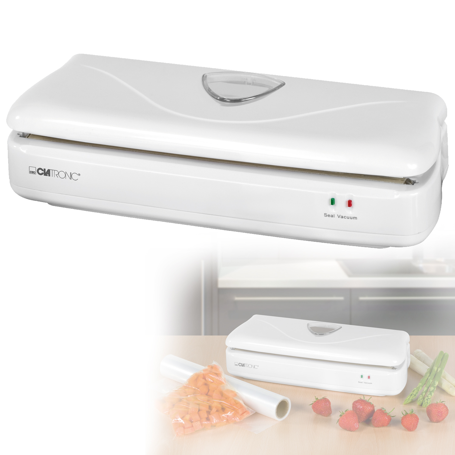 Biała zgrzewarka próżniowa stoi na stole. W pobliżu znajdują się truskawki, szparagi i worek marchewki.