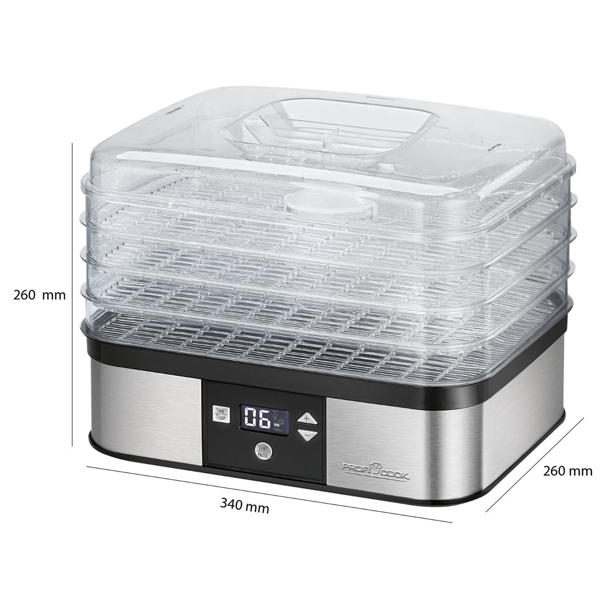 Srebrno-czarna suszarka do żywności. Ma kilka przezroczystych tacek, wyświetlacz cyfrowy i przyciski sterowania.