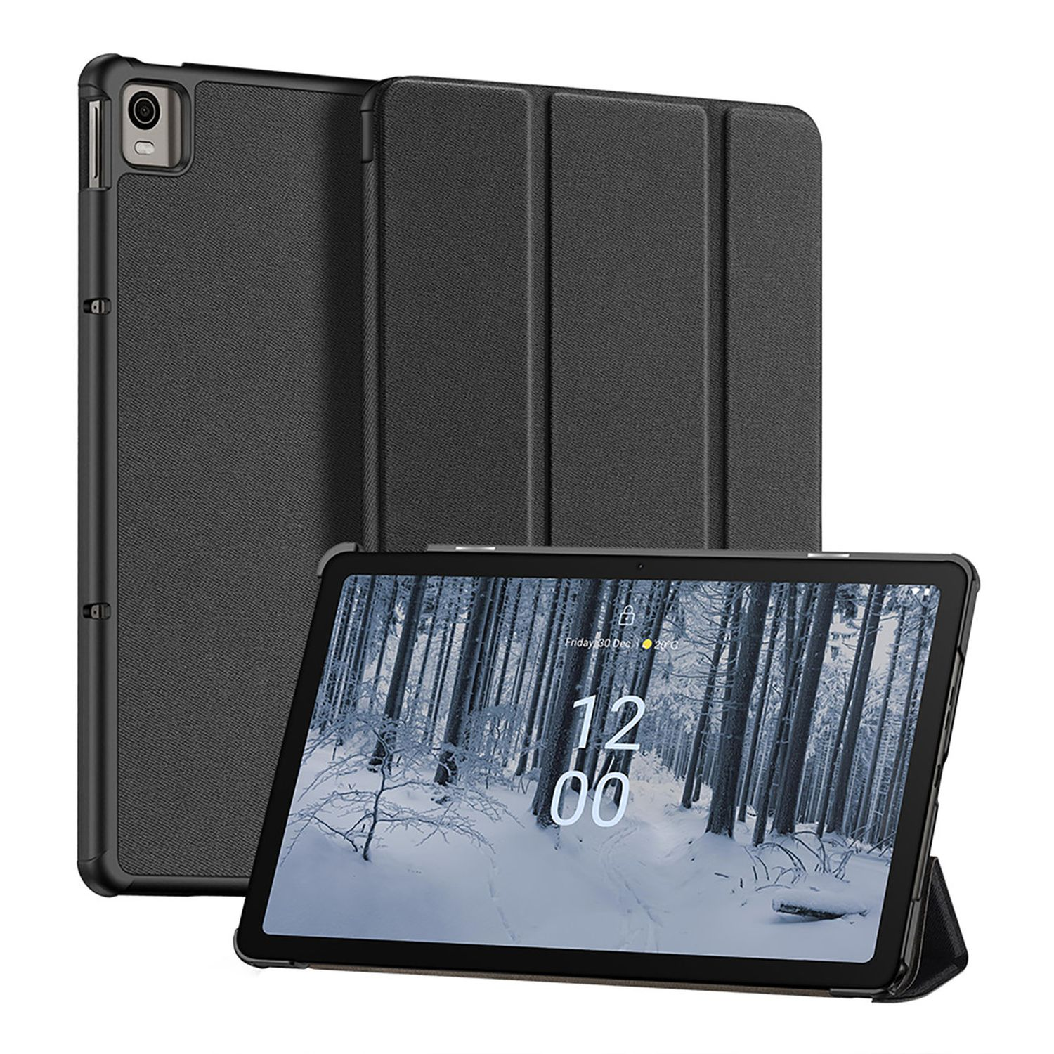 Schwarzes Tablet in einer schwarzen Hülle, mit Ständer und Anzeige von Datum und Uhrzeit.