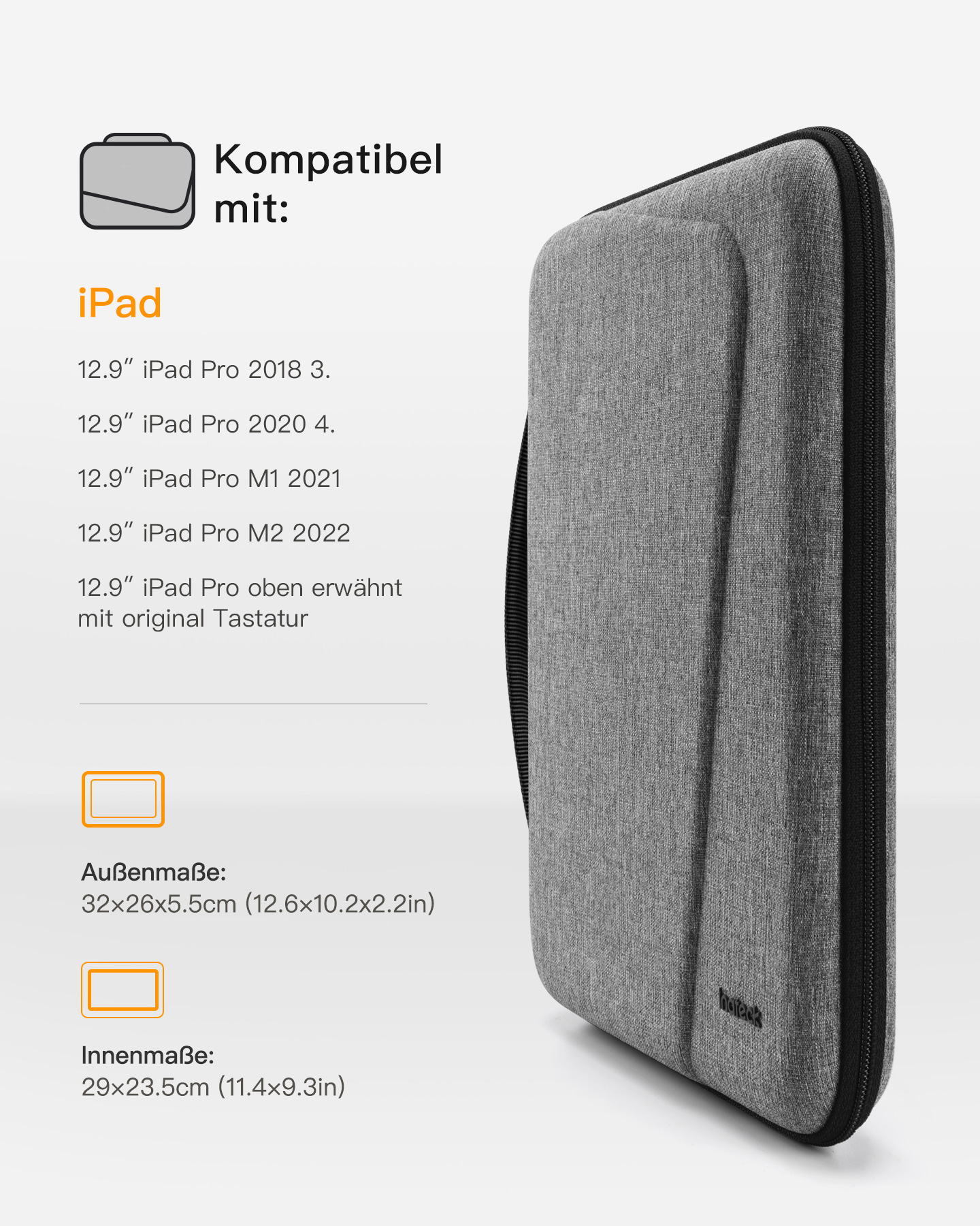 Eine graue iPad-Hülle. Die Hülle ist geschlossen und hat einen Reißverschluss. Der Text lautet: Kompatibel mit.