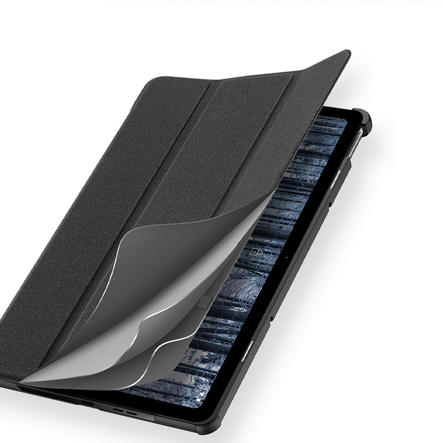 Tablet-Hülle mit verstecktem Bildschirm. Die Hülle ist schwarz.