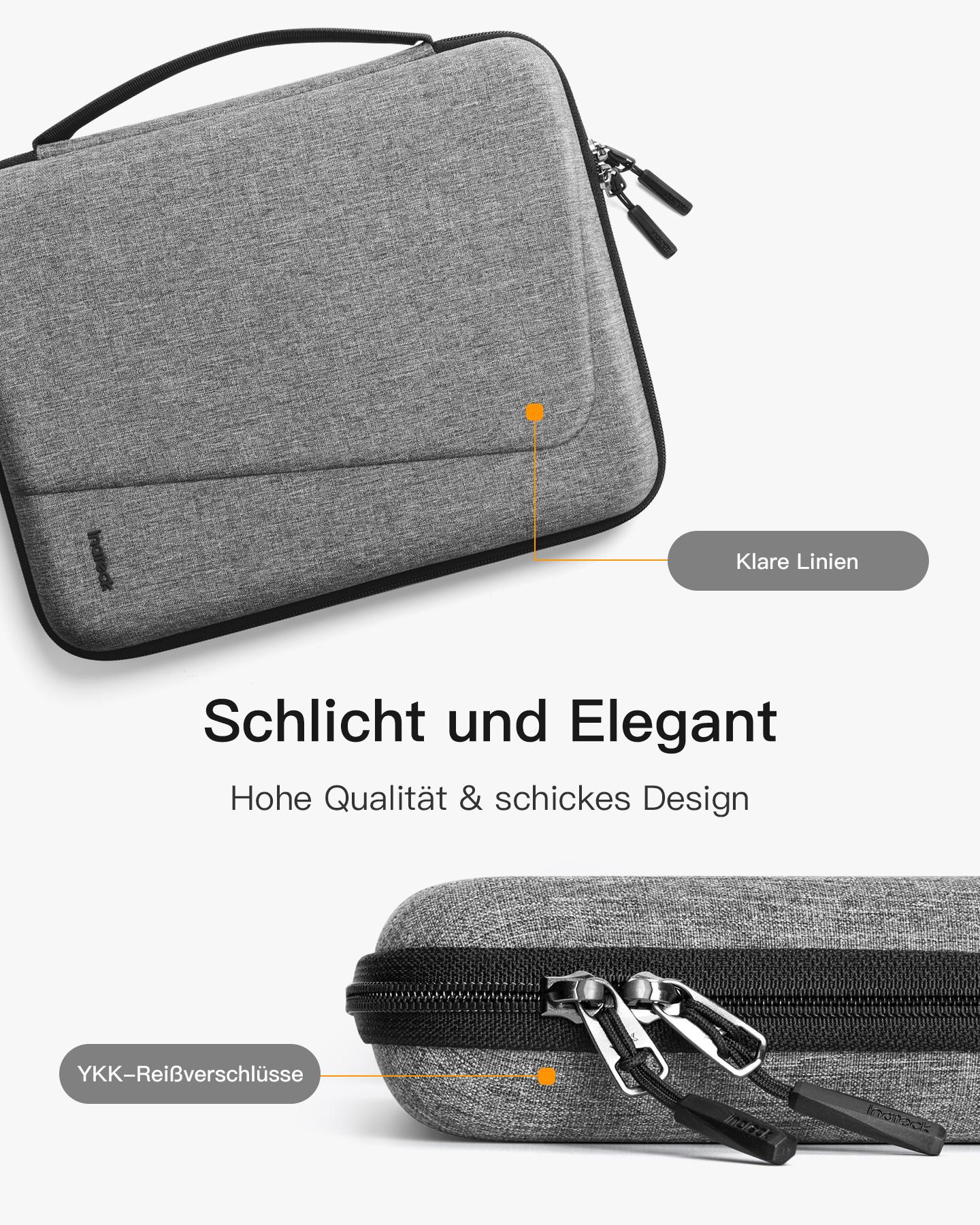 Graue Laptop-Tasche mit schwarzen Reißverschlüssen und einer kleinen Tasche. Der Text lautet: "Schlicht und Elegant".