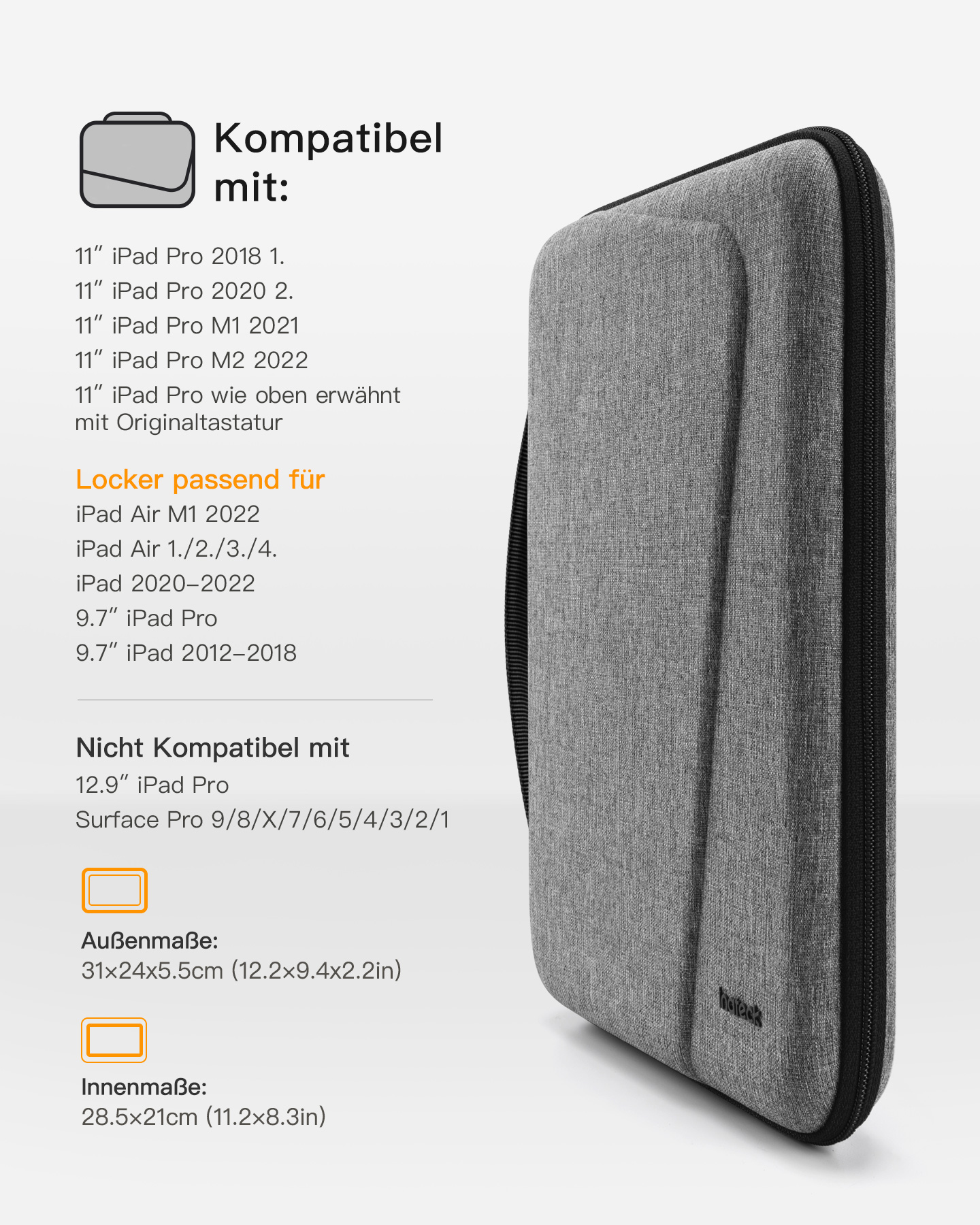 Eine graue iPad-Hülle mit Kompatibilitätsinformationen und Abmessungen auf weißem Hintergrund.