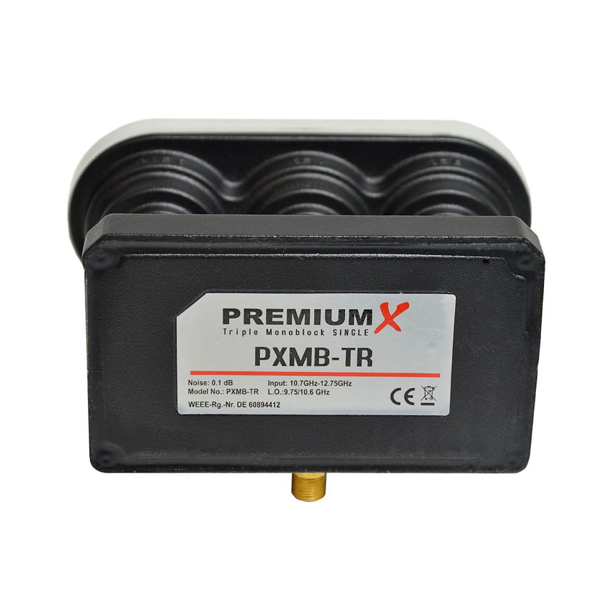 PremiumX Triple Monoblock Single, schwarze Box, mit Text. Der Geräuschpegel beträgt 0,1 dB.