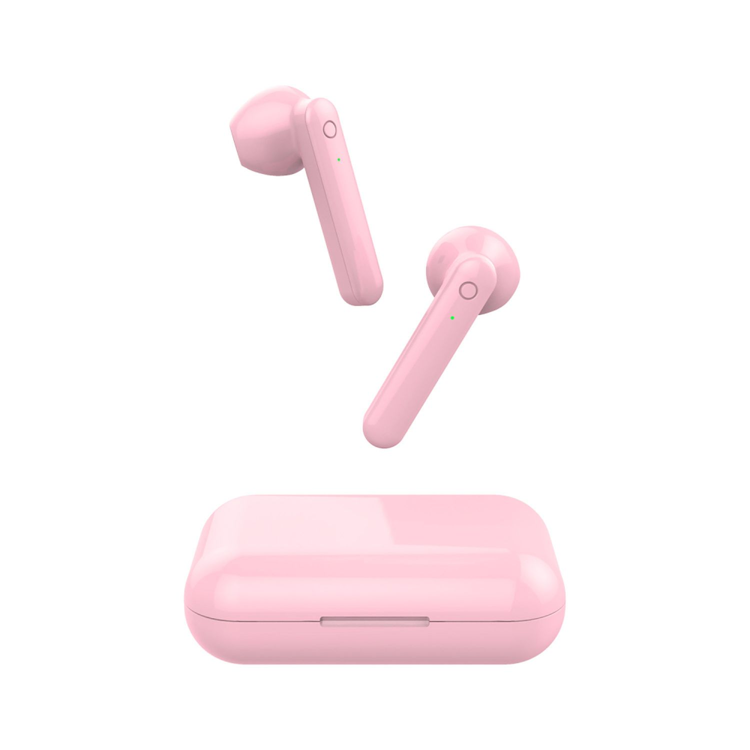 Drahtlose rosa Ohrhörer und Ladeetui. Der Hintergrund ist weiß.